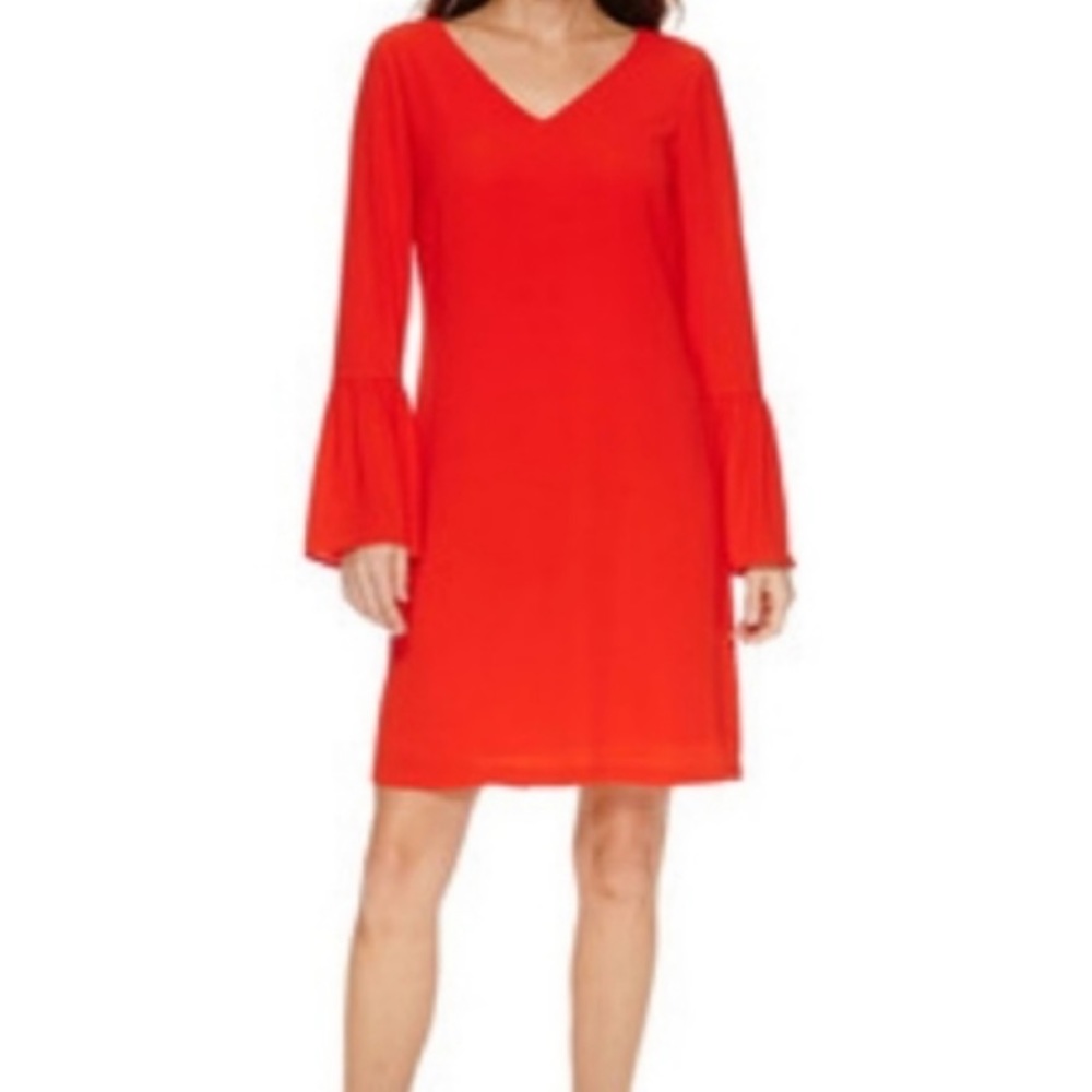 Worthington Orange Red Bell Sleeve V Neck Dress Sz 6